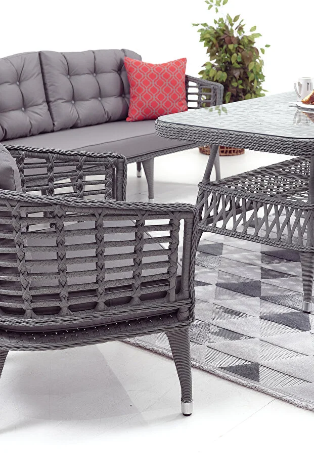 Linda Rattan Bahçe Balkon Oturma Grubu (3 +1+1+MASA+2 PUF)